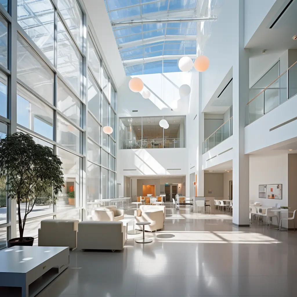 Modern interior of Small Ball Technologies headquarters with open floor plan and glass walls
